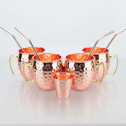 Moscow Mule Mug Set with Straw Copper Plated Hammered 350ml - 304 Stainless Steel Mini Cups with Gift Box for Bar and Home Good Vibrations