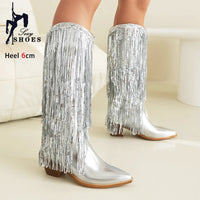 Women Western Fringe Boot 2024 New Cowgirls Blue Sequin Glitter High Heels Nightclub Club Shoes Woman Stage Show Mid-Calf Boots Good Vibrations