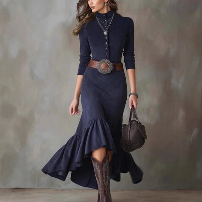 Vintage Western Style Dress Button Temperament High Neck Suede Slim Fit Irregular Hem Long Skirt with Belt Good Vibrations