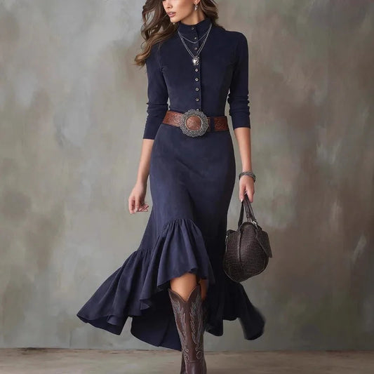 Vintage Western Style Dress Button Temperament High Neck Suede Slim Fit Irregular Hem Long Skirt with Belt Good Vibrations