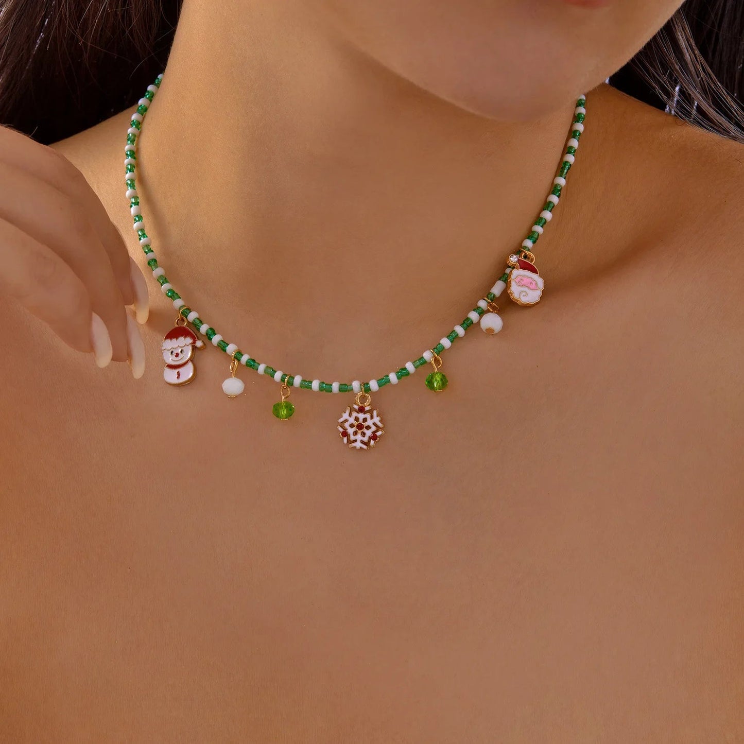 Christmas Necklaces for Women Girls Handmade Rice Beads X'mas Tree Santa Claus Snowman Gift Necklace Pendant New Year Jewelry Good Vibrations