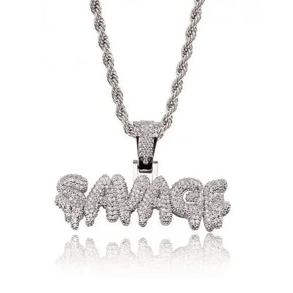 Hip Hop Ice Out Square Crystal S-A-V-A-G-E Letter Pendant Necklace for Men and Women Street One Last Party Trendy Jewelry Gift Good Vibrations