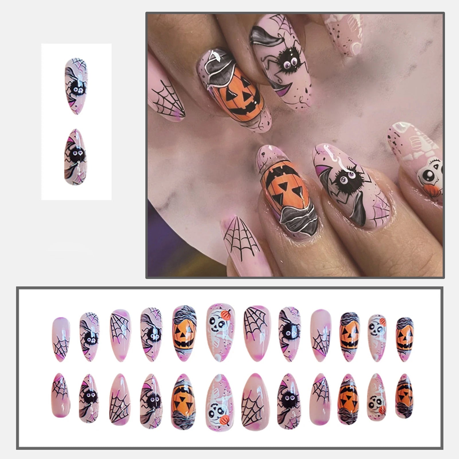 24pcs Light Pink Fake Nail Patches Pumpkin Spider Web Horror Skull Designs Press On Nails Halloween False Nail Wearable Manicure Good Vibrations