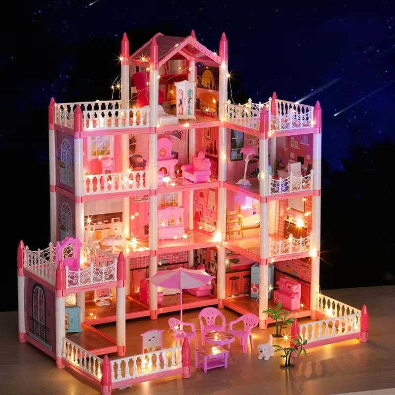 Large Dollhouse, Toddler House for Girls - with dolls, furniture, accessories, LED lights, 4 stories princess dream house toys Good Vibrations