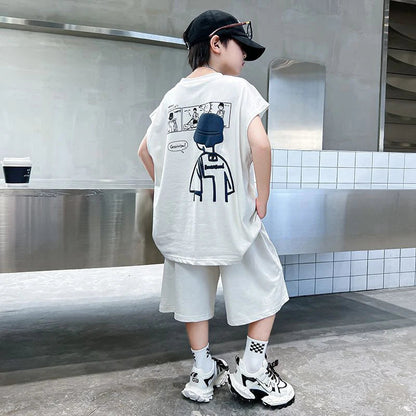 Boys' loose sleeveless vest set summer thin cartoon comic portrait boys' tank top and shorts two-piece set children's clothing Good Vibrations