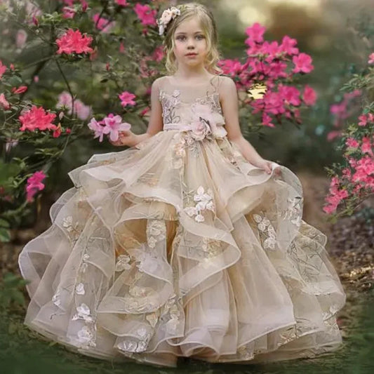 Customized Flower Girl Dress Champagne Sleeveless Tiered Tulle Applique Fit Wedding Princess Dress Holy Communion Birthday Gowns Good Vibrations