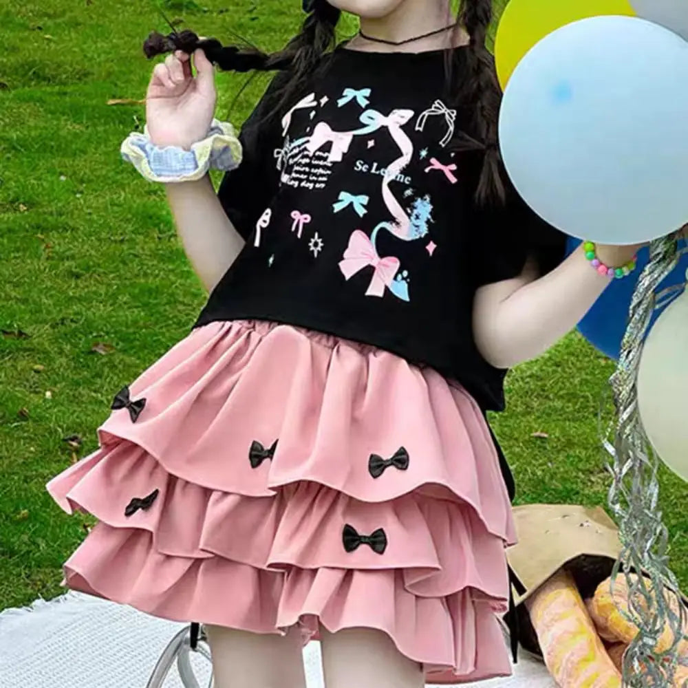 Outfits Y2K Bow Children Cake Skirt Set Pleated Teenagers T-shirt Skirt Suit Sweet Slim Fit Girls Clothes Set Summer Good Vibrations