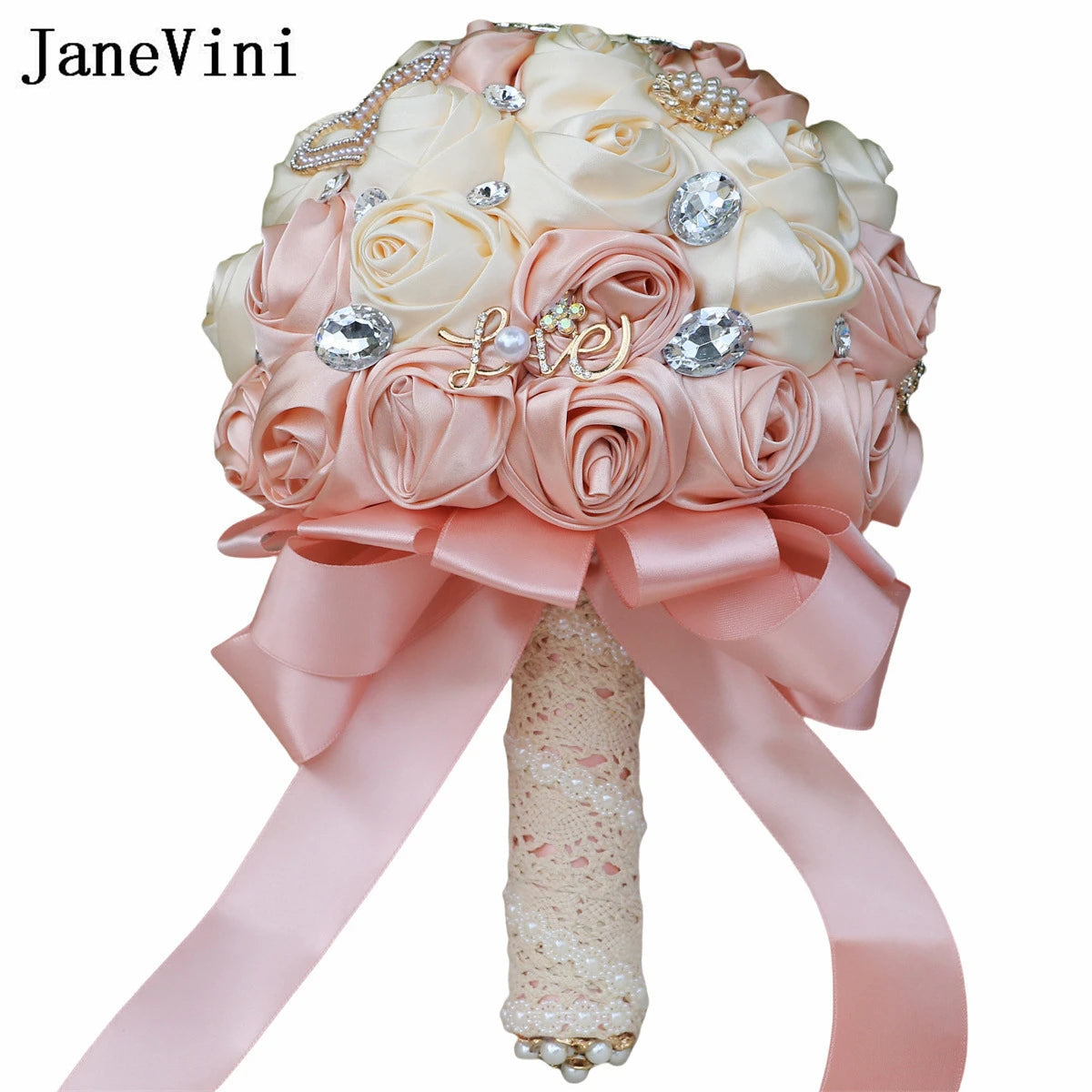 JaneVini Light Pink Roses Bridal Bouquet Elegant Pearl Crystal Lace Handle Bride Flower Ball Wedding Bouquet Bruiloftaccessoires Good Vibrations