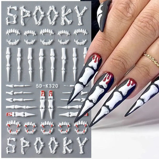 5D Halloween Nail Stickers White Bones Design Spooky Ghost Pumpkin Sliders for Nails Glitter Heart Spider Web Manicure Decals Good Vibrations