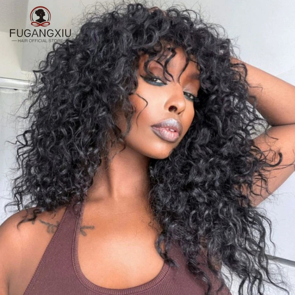 Water Wave Human Hair Wigs with Bangs None Lace Front Wigs Glueless Wigs Virgin Hair for Women 180% Machine Made Wigs Natural Good Vibrations