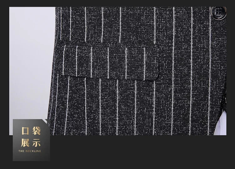 2025 Suit (suit + Vest + Trousers) Single Button Fashion Business Vertical Stripe Gentleman Suit Korean Suit Three-piece Suit Good Vibrations
