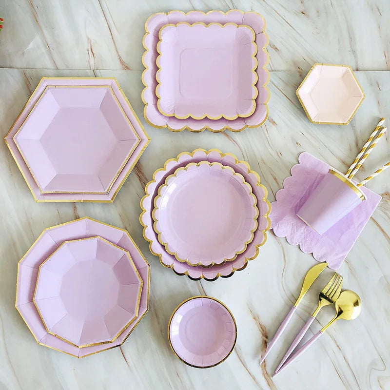 Purple Gold Party Paper Cup Plate Straw For Birthday Carnival Kids Favors Wedding Decor Disposable Tableware Party Supplies Good Vibrations