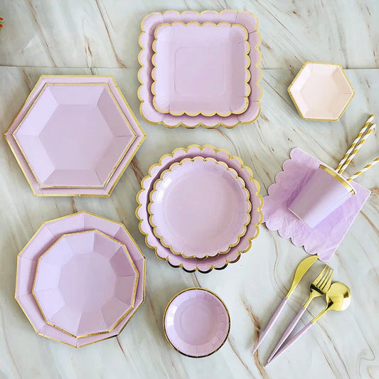 Purple Gold Party Paper Cup Plate Straw For Birthday Carnival Kids Favors Wedding Decor Disposable Tableware Party Supplies Good Vibrations