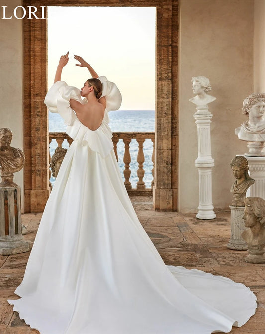 LORIE Elegant Satin Wedding Dresses Strapless Ruffle Sleeves A-Line Pleated Bride Prom Gown 2025 Romantic Bridal Gown Customized