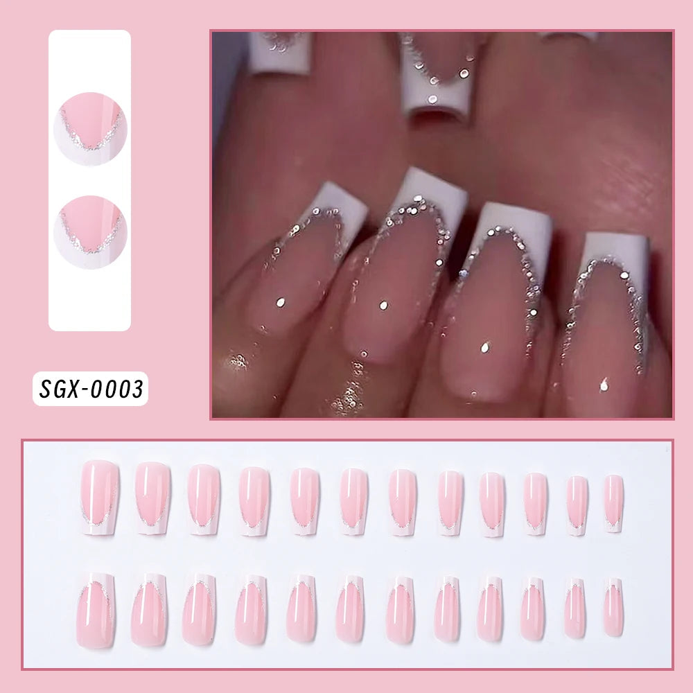 24Pcs Short Square Coffin False Nails French Glitter Wearable Fake Nails Acrylic Full Cover Women Ballet Press on Nails Tips Good Vibrations
