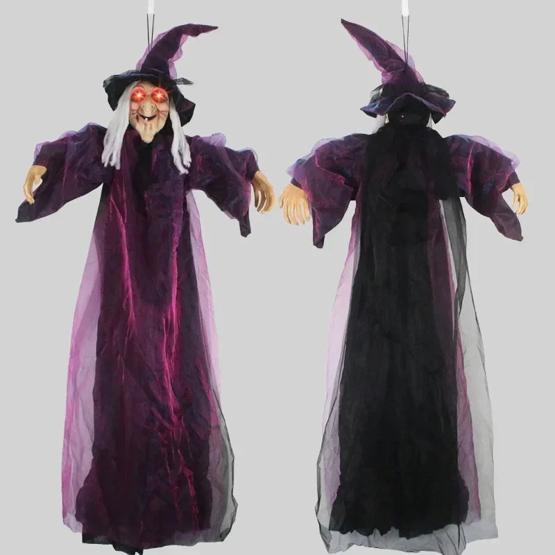 Halloween Hanging Witch Decor Skeleton with Sound Glowing Red Eyes Scary Talking Witch Halloween Decorations Haunted House Props Good Vibrations