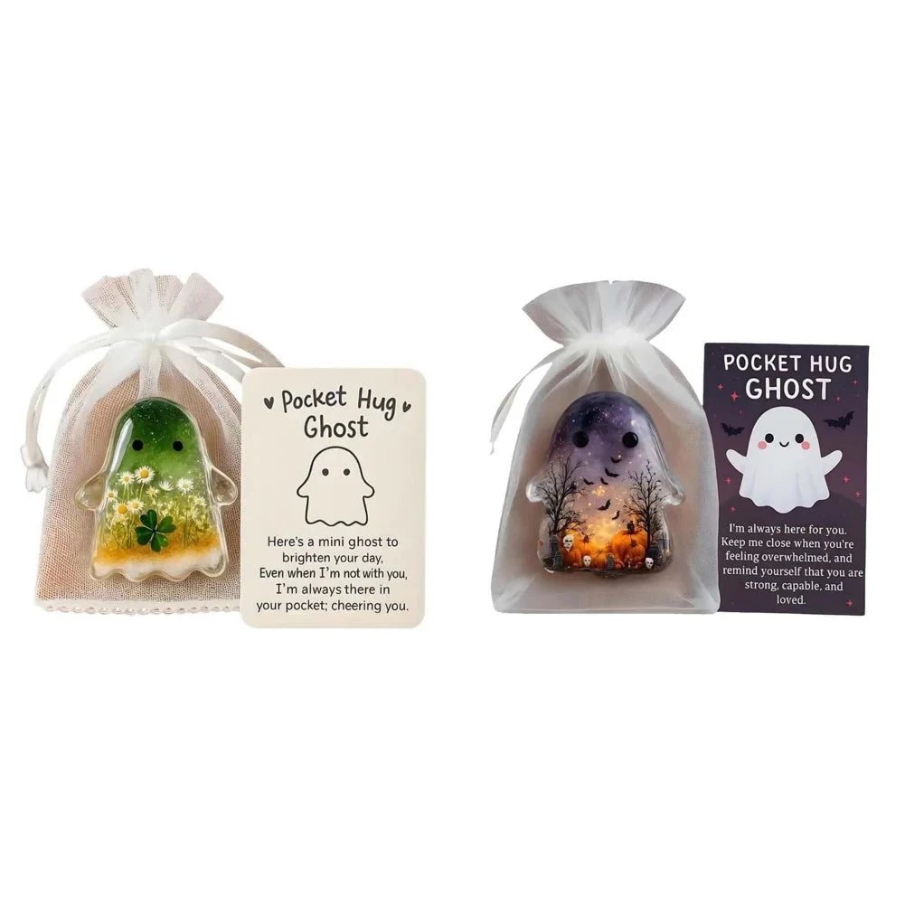 2Pcs Pockets Hug Ghost Halloween Acrylic Mini Ghosts Statue Inspirational Pocket Hug Ornaments With Positive Card For Party Gift Good Vibrations