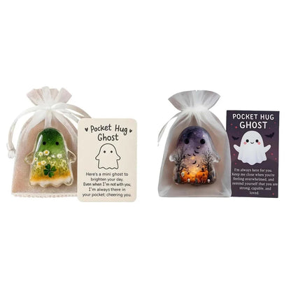 2Pcs Pockets Hug Ghost Halloween Acrylic Mini Ghosts Statue Inspirational Pocket Hug Ornaments With Positive Card For Party Gift Good Vibrations