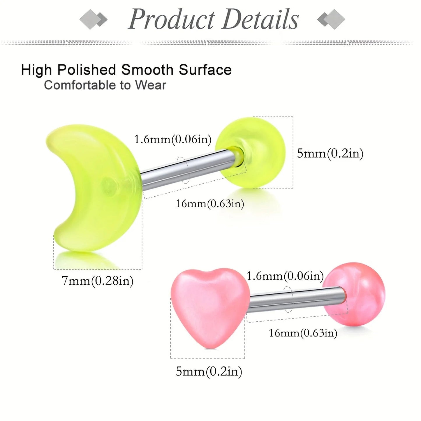 15PCS 16mm Stainless Steel Glow In The Dark Acrylic Tongue Rings, Straight Barbells Heart Moon Shape Tongue Piercing Jewelry Good Vibrations