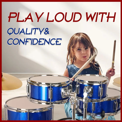 Kids 5-Piece Complete Junior Drum Set with Genuine Brass Cymbals with 16" Bass Drum, Tom-Tom, Snare, Cymbals, Hi-Tone Good Vibrations