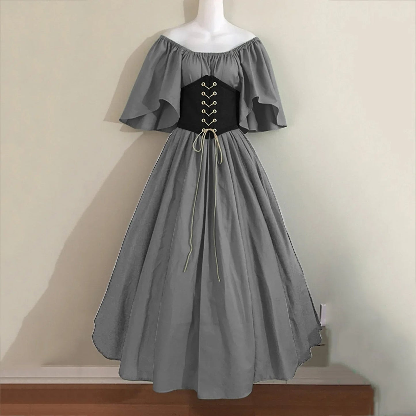 Halloween Costumes for Women Medieval Retro Contrasting Color Slim Swing Dress One-word Shoulder Dress Love Live Cosplay Good Vibrations