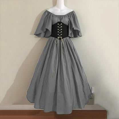 Halloween Costumes for Women Medieval Retro Contrasting Color Slim Swing Dress One-word Shoulder Dress Love Live Cosplay Good Vibrations