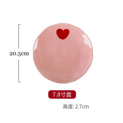 Salad Bowl Pink Heart Pattern Ceramic Plate Coffee Cup Children Dessert Bowl Household Cute Dinner Plates Restaurant Tableware Good Vibrations