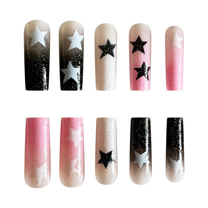 24pcs y2k Fake Nails Black White Star Printed Press on Nail Tips Long Coffin European Artificial Nail Patch for Girl Women Good Vibrations