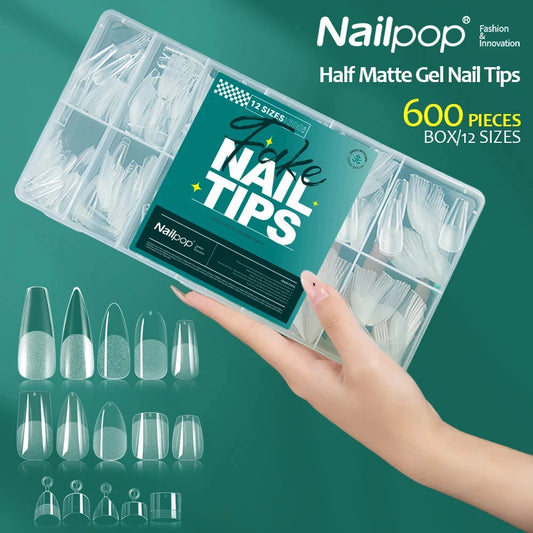 NAILPOP Soft Gel Nail Tips 600PCS Pre-Buff Full Cover Coffin Almond  Oval Shaped Nail Extenison Tips Half Matte Gel X Fake Nails Good Vibrations