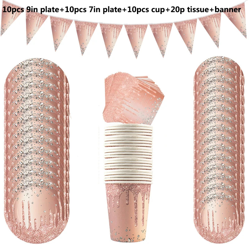 Rose Gold Disposable Tableware Diamond Pattern Paper Cups Plates Straws Table Decoration Wedding Birthday Party Supplies Good Vibrations