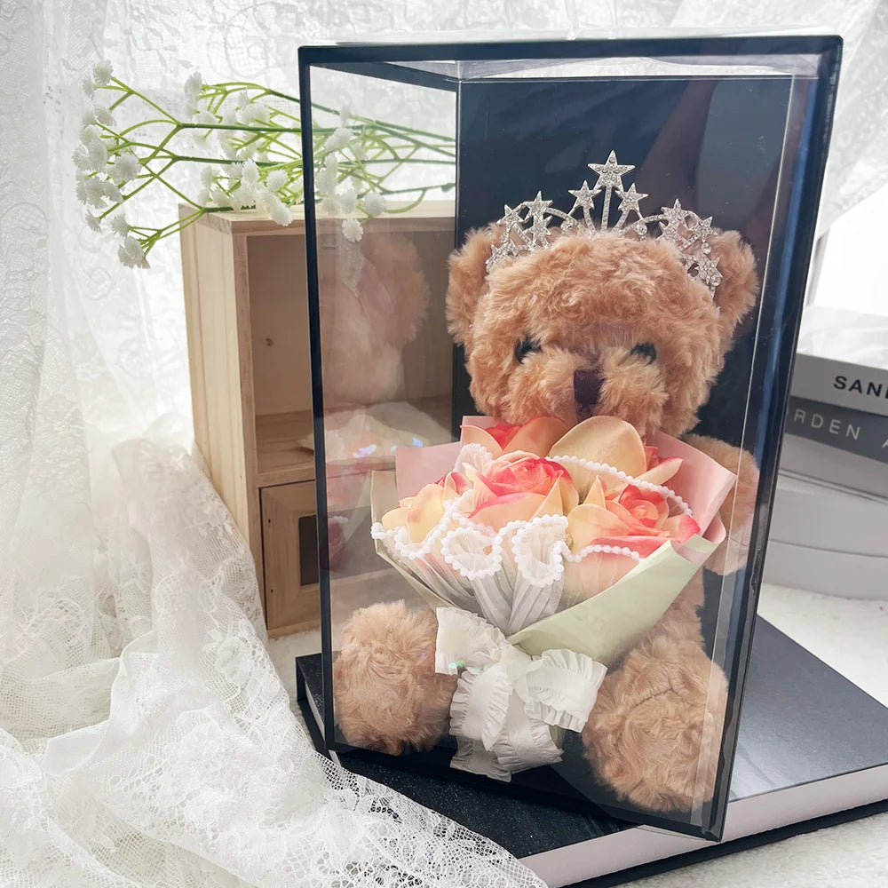 1pcs Plush Bear Rose Flower Bouquet Gift Box Luxury Artificial Soap Flowers Wedding Birthday Christmas New Year Party Decor Prop Good Vibrations