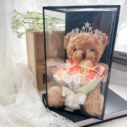 1PC Rose Flower Bouquet Plush Bear Gift Box Eternal Flower Bouquet Mother's Day Gifts Wedding Birthday Party Decor Accessories Good Vibrations