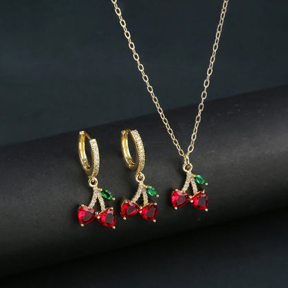 Light Luxury Crystal Zirconia Red Cherry Jewelry Set Earrings Necklace for Women Girls Sweet Jewelry Accessories Party Gifts Good Vibrations Adult Super Store
