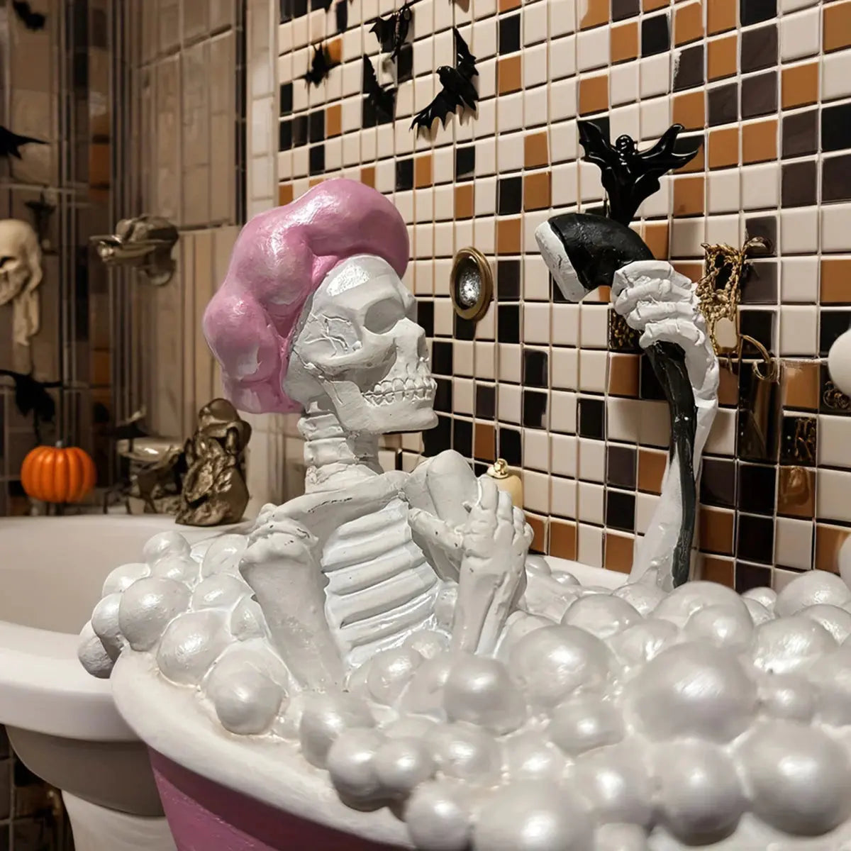 Pink Bathtub Ghost Decor - Cute Gothic Skeleton Resin Figurine, Spooky Halloween Ornament for Bathroom Good Vibrations