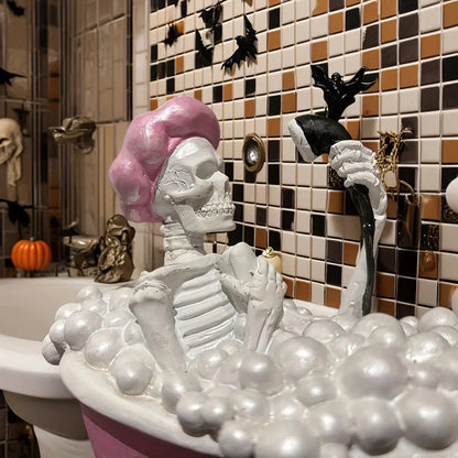Pink Bathtub Ghost Decor - Cute Gothic Skeleton Resin Figurine, Spooky Halloween Ornament for Bathroom Good Vibrations