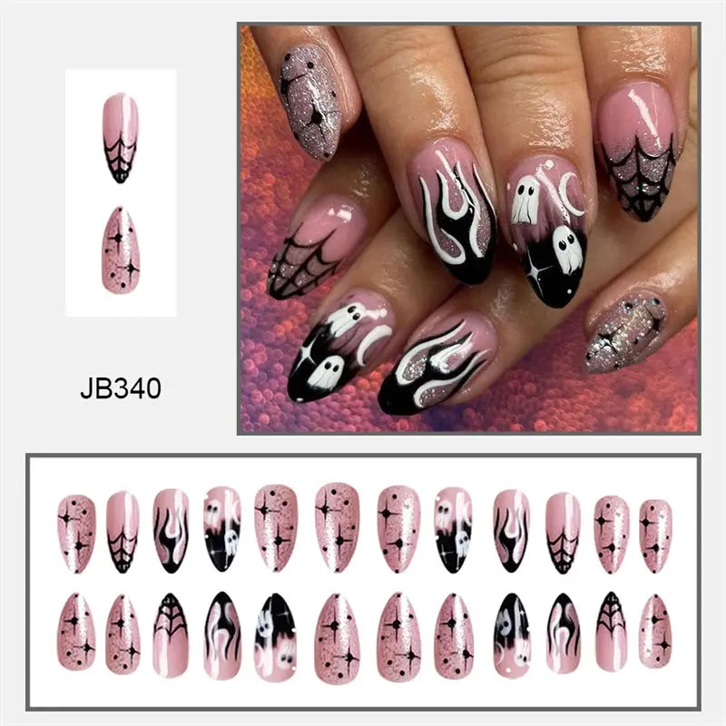 24Pcs Almond Halloween Press on Nails Full Cover French Fake Nails Cartoon Bat Spider Pattern Wearable Nails Art  Manicure Tips Good Vibrations