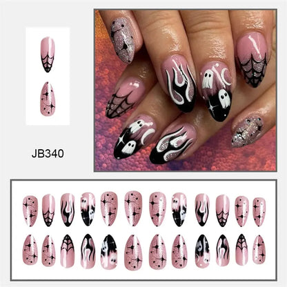 24Pcs Almond Halloween Press on Nails Full Cover French Fake Nails Cartoon Bat Spider Pattern Wearable Nails Art  Manicure Tips Good Vibrations