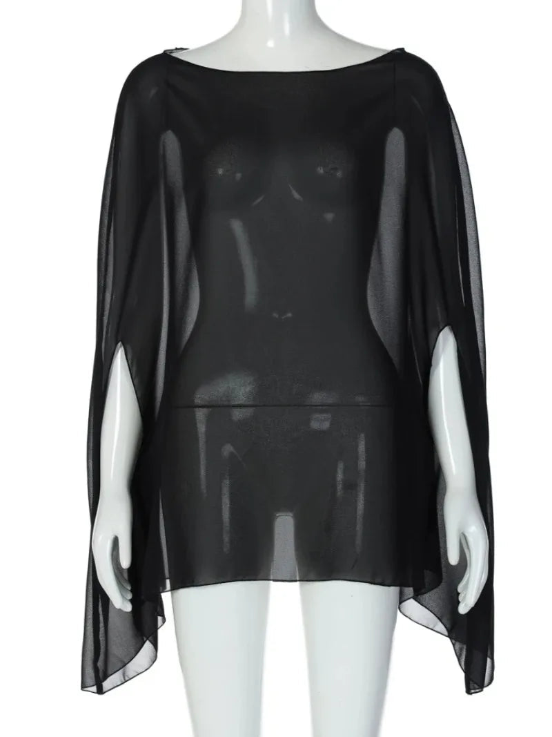 Woman Clothes See-through Chiffon Blouses Sexy Fashion Solid Cover-ups Ladies Elegant Night Club Tops White Black Streetwear Good Vibrations