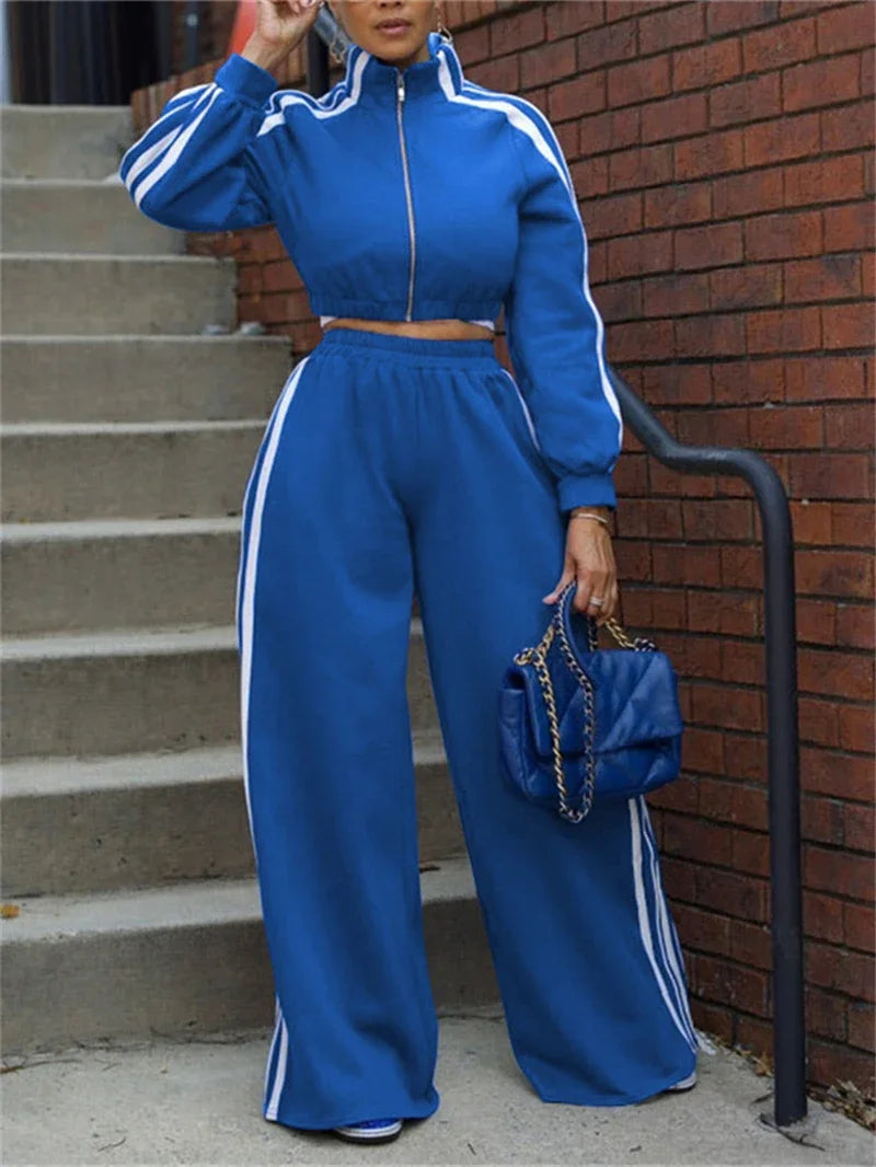 Street 2 Piece Sets Women Outfit Fall Clothes 2024 Women Side Stripe Crop Top + Pant Sets Casual Tracksuits Set Woman Sweatsuits Good Vibrations