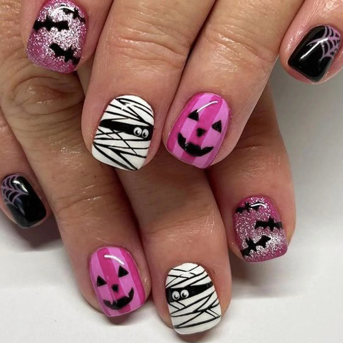 24Pcs Halloween False Nails Ghosts Bats Fake Nails Short Square Press on Nails Full Cover Nail Tips Manicure Tools Good Vibrations