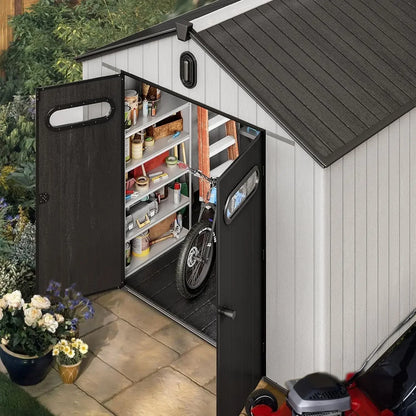 8x8ft Outdoor Resin Storage Shed with Floor, 427 cuft Waterproof Garden Shed with Lockable Door, Windows & Vents Good Vibrations