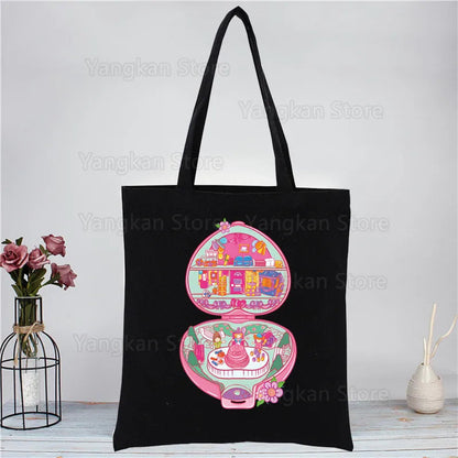 Kawaii Polly Pocket Shopping Bag Women Canvas Tote Bags Printing Eco Bag Cartoon Shopper Shoulder Bags Black Good Vibrations