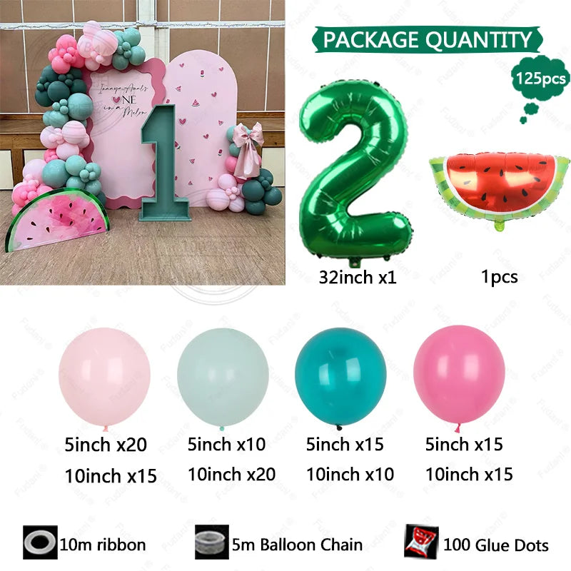 125pcs Summer Fruit Themed Party Decoration Green Number Birthday Balloon Set Red Watermelon Balloon Birthday Photo Background Good Vibrations