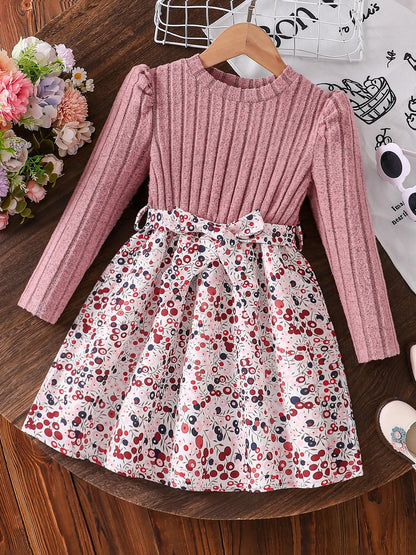 Spring and Autumn Girls' Simple Casual Versatile Knitted Round Neck Long-Sleeved Floral Dress Girls' Daily Casual Dress Good Vibrations
