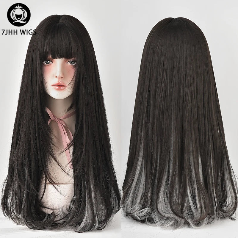 7JHHWIGS Long Wavy Synthetic Black Wigs For Women With Fringe Fashion Heat Resistant Mid-Length Daily Straight Light Brown Hair Good Vibrations
