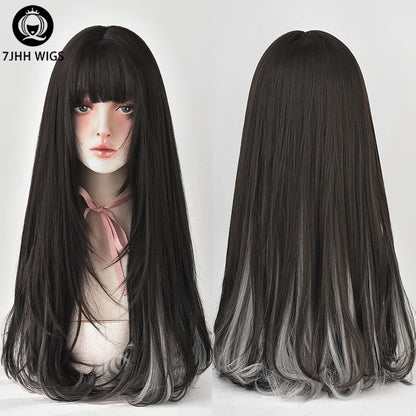 7JHHWIGS Long Wavy Synthetic Black Wigs For Women With Fringe Fashion Heat Resistant Mid-Length Daily Straight Light Brown Hair Good Vibrations