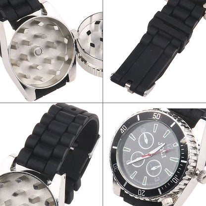 Portable watch style tobacco grass grinder with black strap, 42mm diameter for outdoor travel.
