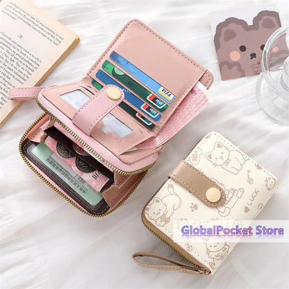 Cute Cat PU Leather Coin Purse Women Fashion Short Wallet Folding Zipper Wallet ID Card Holder Travel Lightweight Cash Coin Bags Good Vibrations
