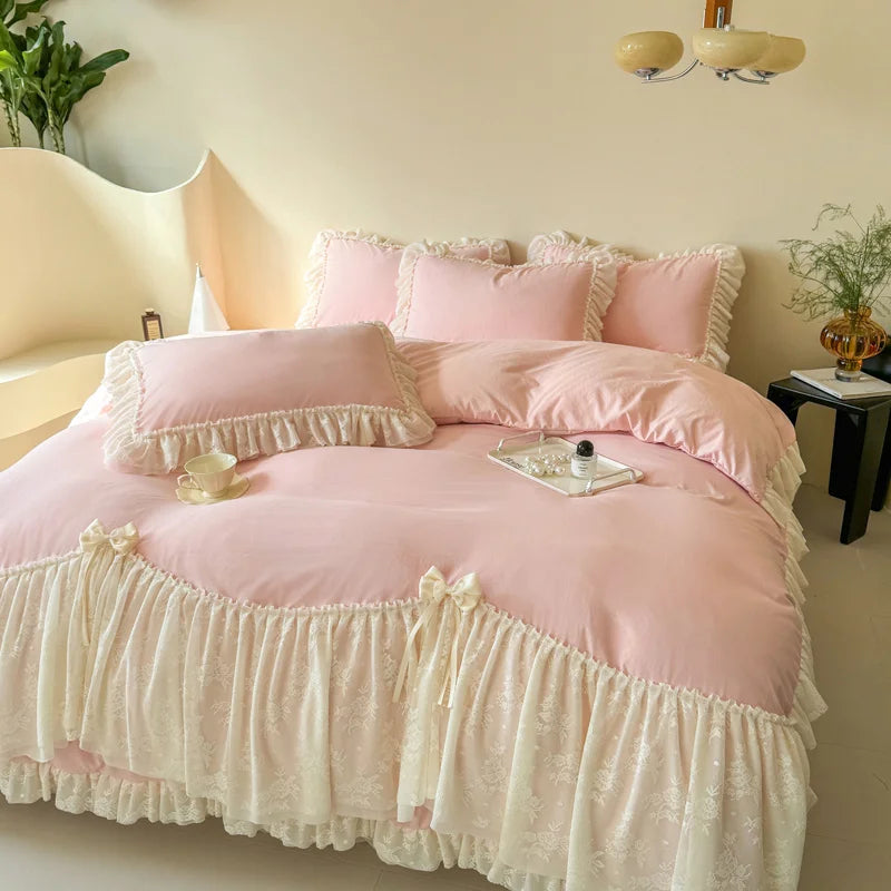 Korean style Princess lace bow bedding set pink sweet girl chiffon ruffles duvet cover bed sheet pillowcase wedding home textile Good Vibrations