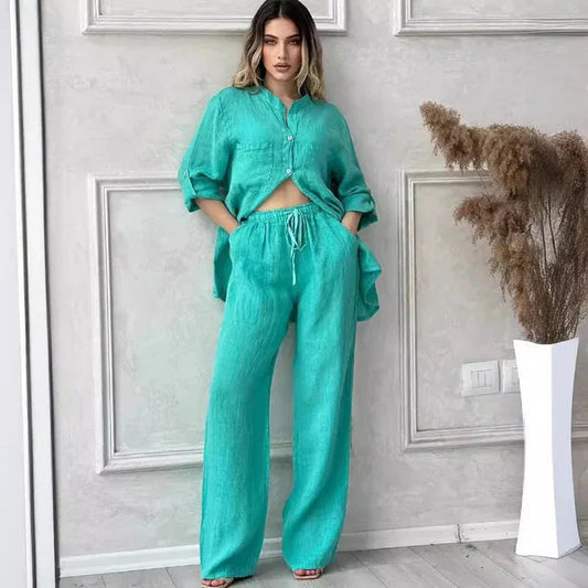 Women Two Piece Sets Spring Autumn Casual Long Sleeve Pocket Shirts 2 Piece Set Fashion Loose Wide Leg Pants OL Work Suit Outfit Good Vibrations